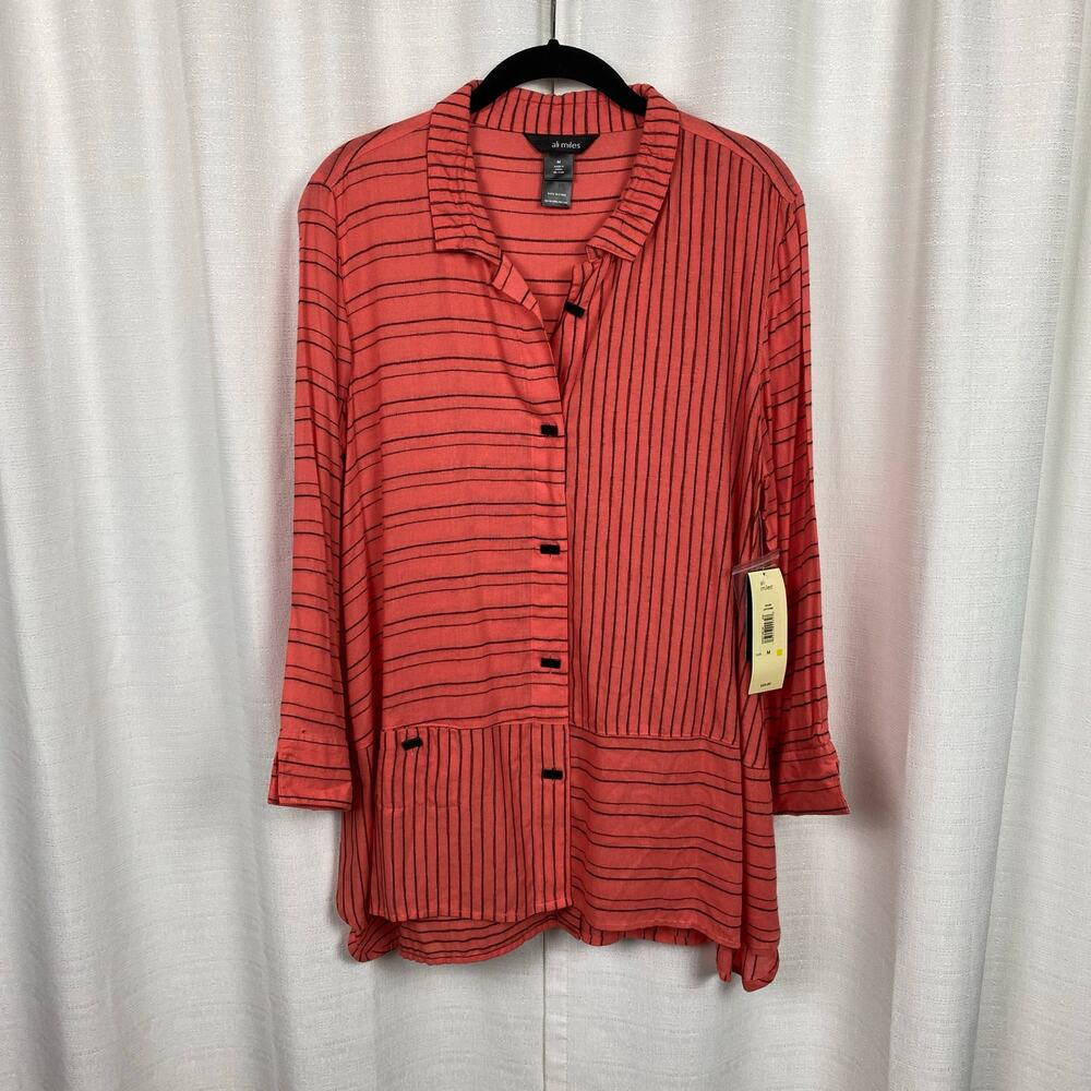 Ali Miles Bright Melon Striped Button Up Blouse Sz.M NWT